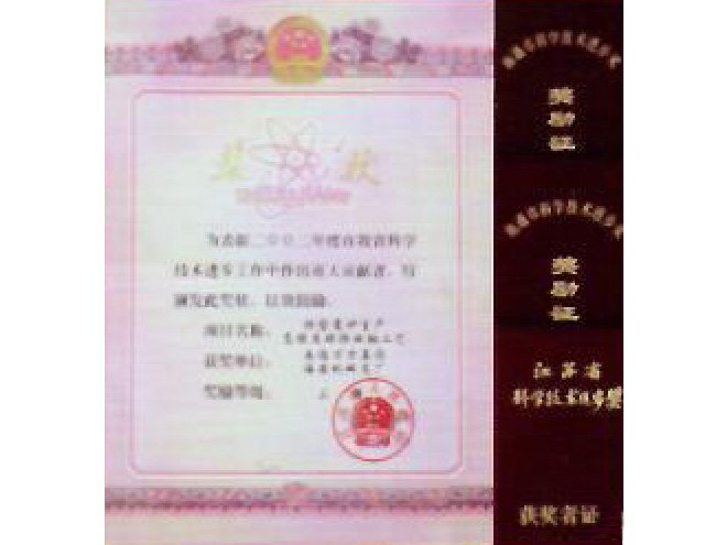 Science & Technology Progress Prize Certificate in Jiangsu Province